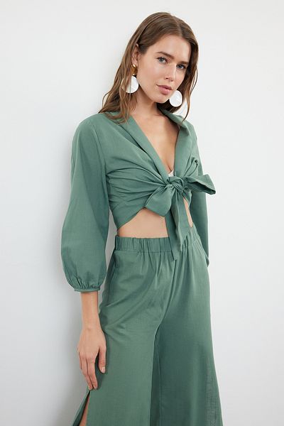 Trendyol Collection Khaki Crop Woven Tie-Up Beach Blouse Tbess24Bz00006