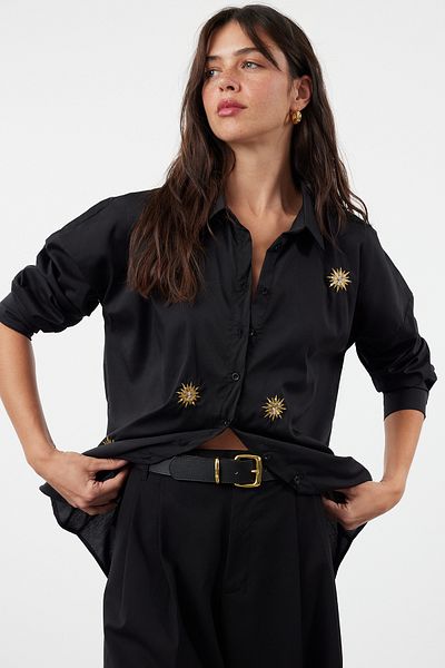 Trendyol Collection Cămașă Neagră Țesută Brodat Soare - TWOSS24GO00128