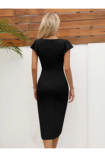 Modayakamoz Yeni Sezon Kadın Kısa Kollu Kalp Yaka Yanlardan Büzgü Detay Midi Ithal Krep Elbise