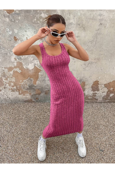 JANES Thick Strap Ribbed Camisole - Square Collar Midi Women's Dress