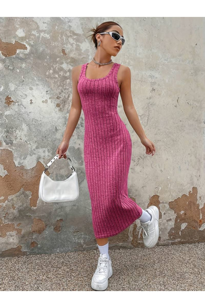 JANES Thick Strap Ribbed Camisole - Square Collar Midi Women's Dress