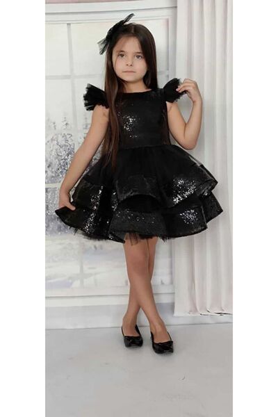 EFE KIDS Kız Çocuk Üstü Pullu Eteği Gren Ve Tül Detaylı Fiyonklu Çocuk Elbisesi