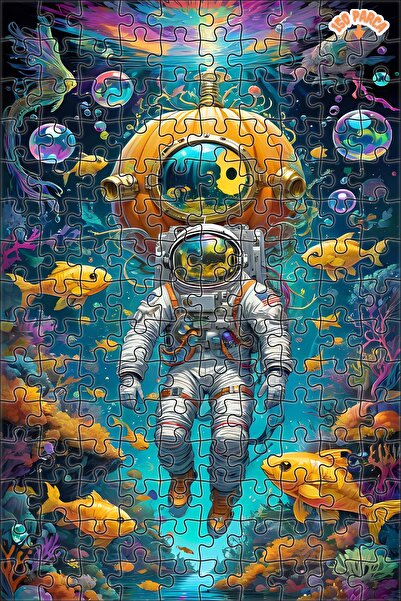 Teona Ahşap Kozmik Denizaltı Macerası Dekoratif Çift Katlı Çerçeveli Asılabilir Ahşap Puzzle 150 PARÇA 30X20