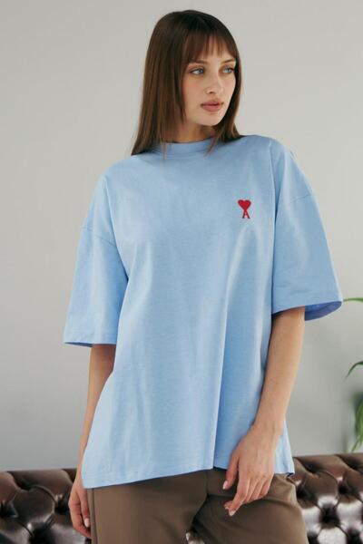 PRANGA Γυναικείο T-shirt Blue Heart Embroidered Crew Neck
