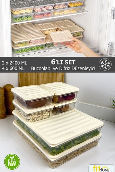FİTHOME 6-Piece Refrigerator and Freezer Organizer Multipurpose Storage Container 2X2400Ml 4X600Ml