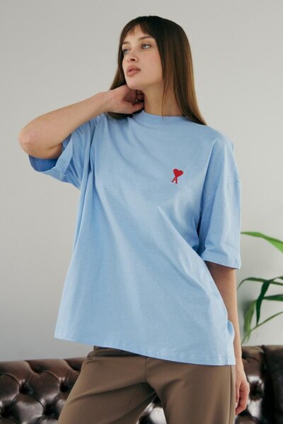PRANGA Γυναικείο T-shirt Blue Heart Embroidered Crew Neck