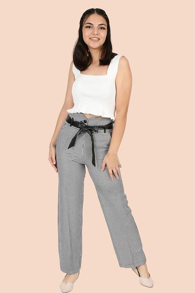 Asortix Girl's High Waist Belted Wide Leg Houndstooth Patterned Fabric Trousers