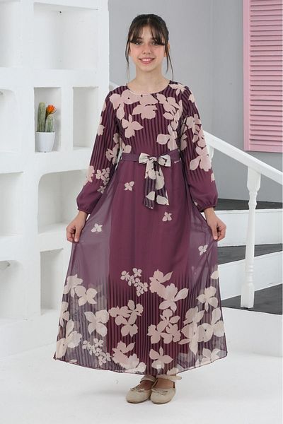 Asortix Rochie lungă, elegantă și confortabilă, căptușită pentru fete, cu imprimeu floral pe toată lungimea