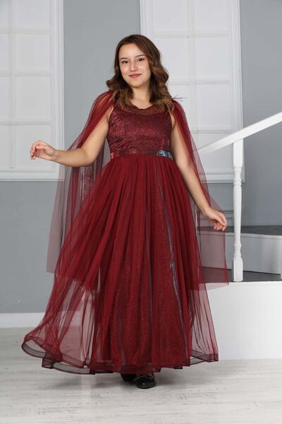 Asortik Kids Дівчача довга вечірня сукня з тюлевими деталями на плечах, весіл...