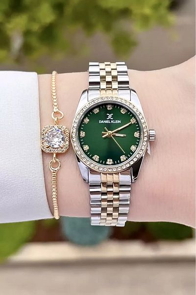 Daniel Klein Women's Watch and Bracelet with Green and Yellow Color Adjustable Bands - Dkgnct1183