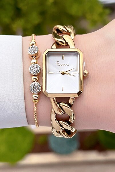 Freelook Kadranı Gümüş Kordonu Altın Renk Zincirli 24 Ay Garantili Kadın Kol Saati ve Bileklik