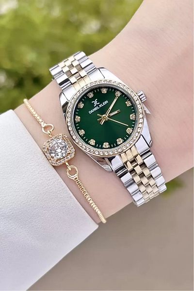 Daniel Klein Women's Watch and Bracelet with Green and Yellow Color Adjustable Bands - Dkgnct1183
