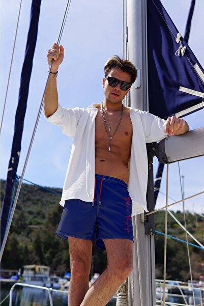 Miami Beach Erkek Lacivert Hızlı Kuruyan Kumaş Üç Cepli Üzeri Nakışlı Standart Boy Mayo Deniz Şortu