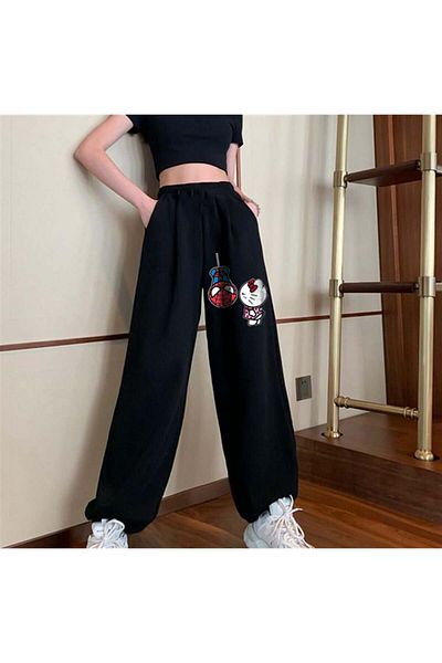 Touz Moda Spider-Man & Hello Kitty Printed Oversize Unisex Black Sweatpants