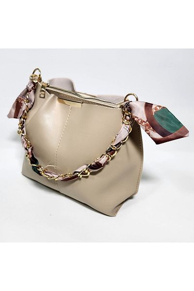Chocolate Women's Mink Scarf and Chain Accessories Soft Leather 3 Compartment Handbag and Shoulder Bag
