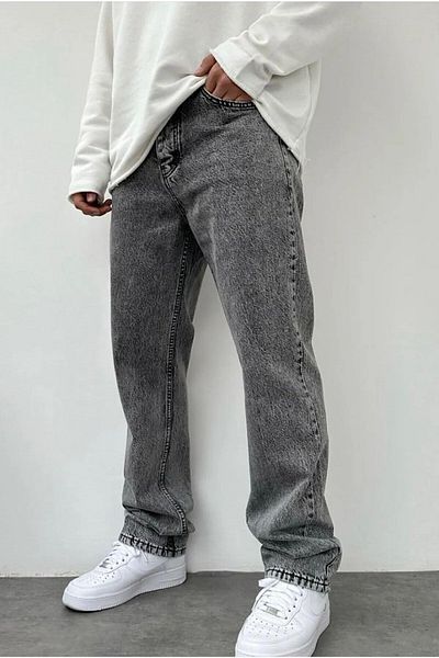 Cuqq Denim Men's Acid Wash Gray Wide Leg Jeans Baggy Trousers