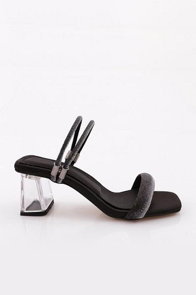 DGN Sandale de damă cu vârf pătrat cu toc transparent din satin negru 10123275