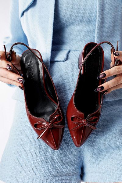 Limoya Entela Burgundy Pointed Toe Bow Detailed Short Heeled Women's Shoes