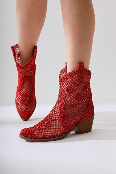 Limoya Tersa (KISA KONÇ) Kırmızı Örgü Dantelli Çiçek Detaylı Kovboy Yazlık kadın Bot, Kadın Bootie