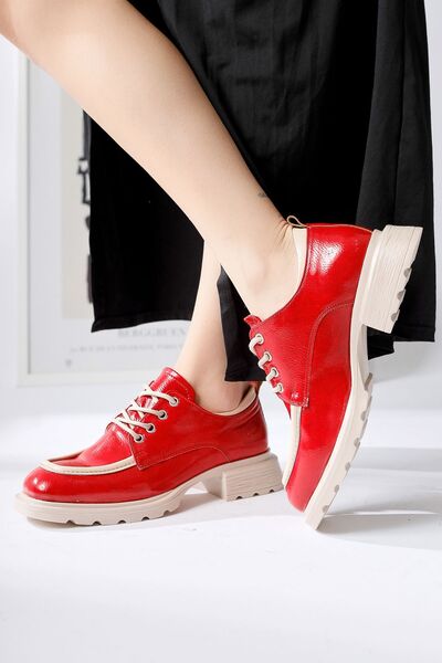 Limoya Niven Red Wrinkled Patent Leather Beige Detailed Moccasin, Women's Loafer Shoes Opportunity Product