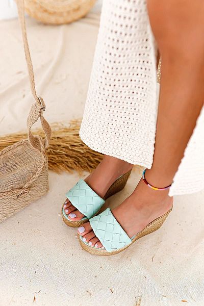 Limoya Γυναικείες παντόφλες Water Green Knitted Strap Wedge με τακούνι