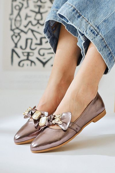 Limoya Balerini Joselin Platinum din piele lacuita sifonata cu accesorii fundita, pantofi balerini dama