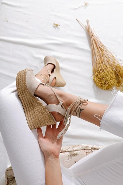 Limoya Bella Nude, Beige Suede Wedge Sole Straw Ankle Strap Women's Sandals