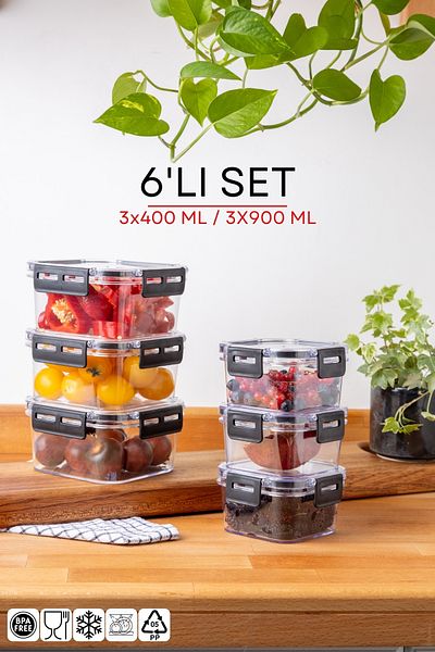 Nandy Home Set of 6 Square Clear Storage Container with Lock Lid for 400-900ML
