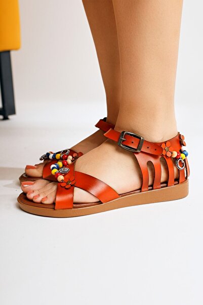 Limoya Genuine Leather Alize Orange Bead and Leaf Detailed Women's Sandals Opportunity Product