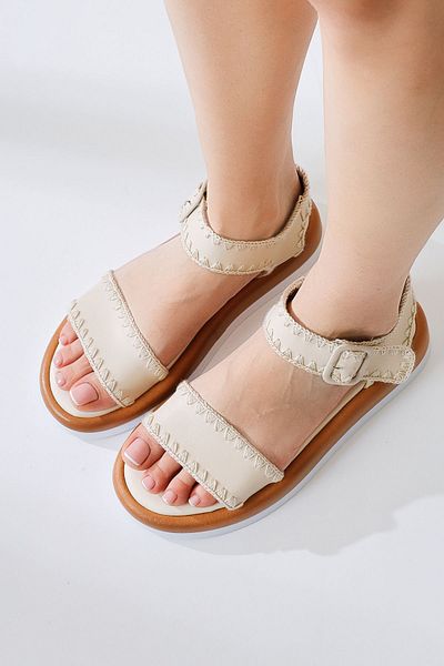 Limoya Nonna Beige Embroidery Detailed Thick Strap Women's Sandals
