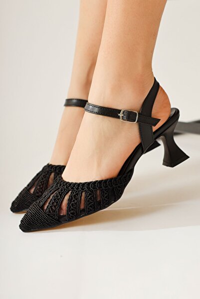 Limoya Richelle Siyah Örgü Kısa Topuklu Kadın Sandalet Fırsat Ürünü