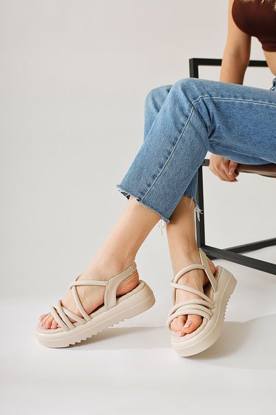 Limoya Sandale de damă Savin Beige cu talpă pufoasă, cu dungi groase