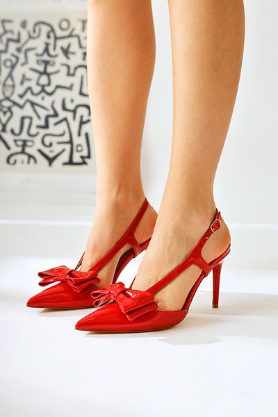 Limoya Jouli Red Patent Leather Thin Strap Pointed Toe Bow Detail Thin Heeled Women's Sandals