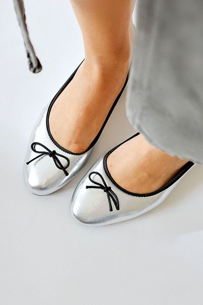 Limoya Sille Silver Wrinkled Leather Bow Detailed Ballerinas, Women's Ballerina Shoes