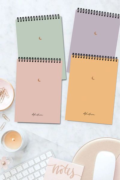 AKILLICA 4-Piece Unlined Notebook Set 13 X 20 cm 50 Sheets Cardboard Cover Top Spiral Notebook Notebook Moon
