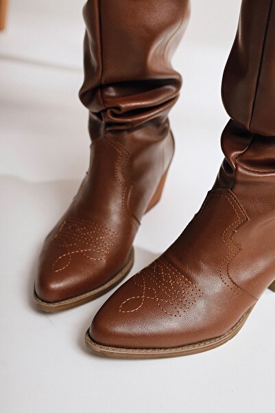 Limoya Lise-britt Taba Süet Körüklü Nakışlı Western Kadın Bot, Kadın Bootie