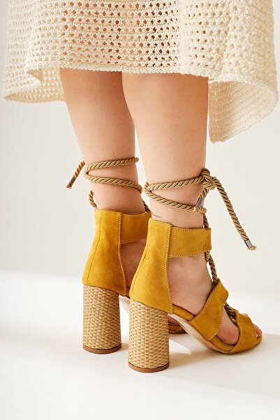 Limoya Britty Yellow Suede Thick Strap Rope Tie Heeled Women's Sandals Opportunity Product
