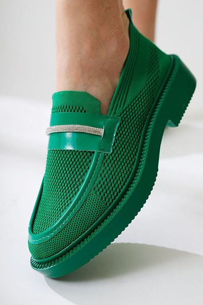 Limoya Micka Khaki Knit Patent Leather Detailed Stone Banded Women's Casual Shoes