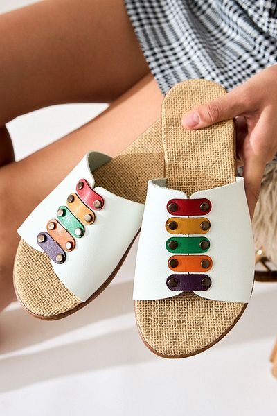 Jilberto Genuine Leather Nicola White Straw Sole Colorful Buckle Women's Slippers
