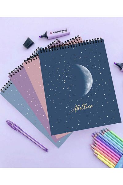 AKILLICA 4-Piece Unlined Notebook Set 13 X 20 cm 50 Sheets Cardboard Cover Top Spiral Notebook Notebook New Moon