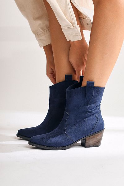 Limoya Γυναικείες μπότες Joo Navy Blue Suede με κεντημένες γυναικείες μπότες Western, γυναικεία μποτάκια