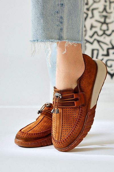 Limoya Allice Tan Suede Laser Perforated Women's Casual Shoes