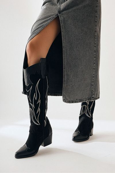 Limoya Cizme de damă Western, Cowboy, cu toc, brodate din piele de căprioară neagră de primăvară