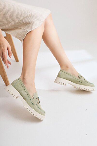 Limoya Ann-Sophi Green Suede Buckle Detailed Women's Oxford Shoes