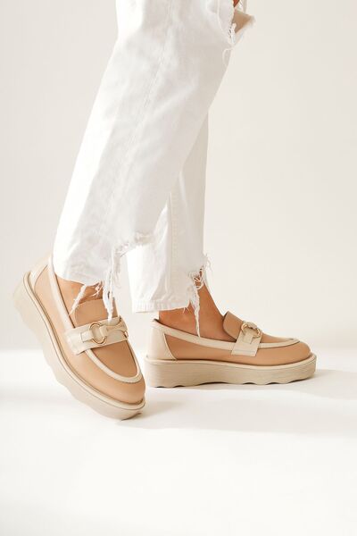 Limoya Larah Nud, Beige-Beige Buckle Detailed Moccasin, Women's Loafer Shoes