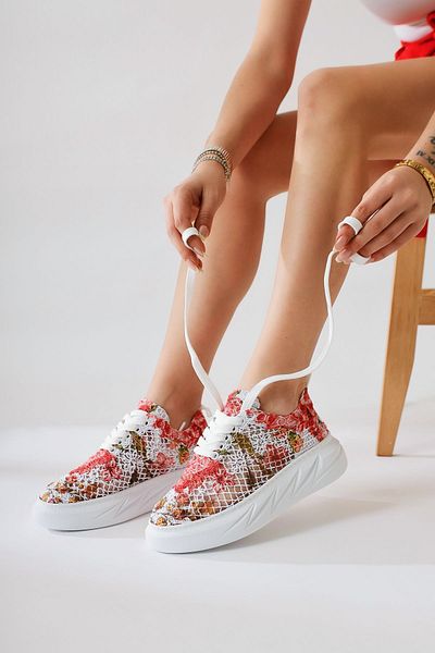 Limoya Biba Red Knitwear Pattern Printed Lace-Up Women's Sneakers, Lace-Up Sneakers