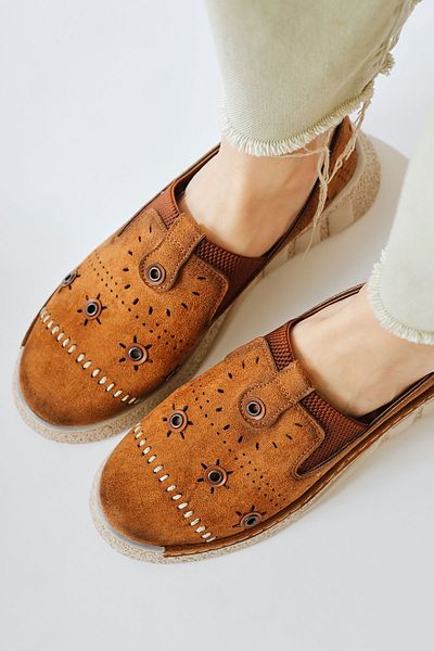 Limoya Bethina Brown Suede Rivet Detailed Laser Perforated Ballerinas, Women's Ballerina Shoes