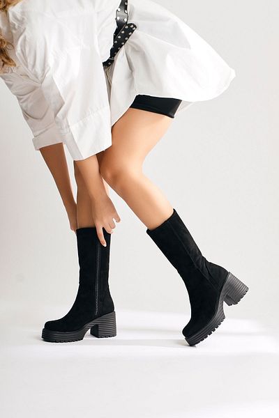 Limoya Roseann Μαύρες Suede Μακριές Γυναικείες Μπότες με Πλατφόρμα Χοντρή Σόλα, Γυναικείο Μποτάκι