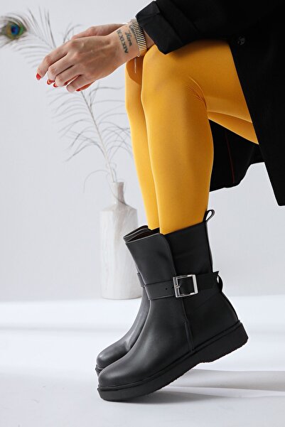 Limoya Behnoush Black Oval Toe Buckle Detailed Women's Boots, Women's Bootie