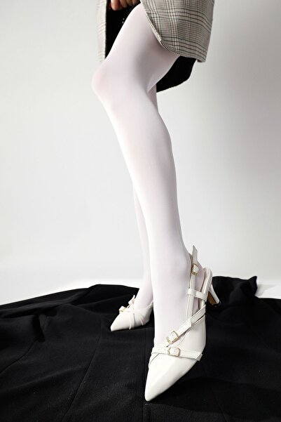 Limoya Monna White Pointed Toe Buckle Detailed Short Heeled Women's Shoes